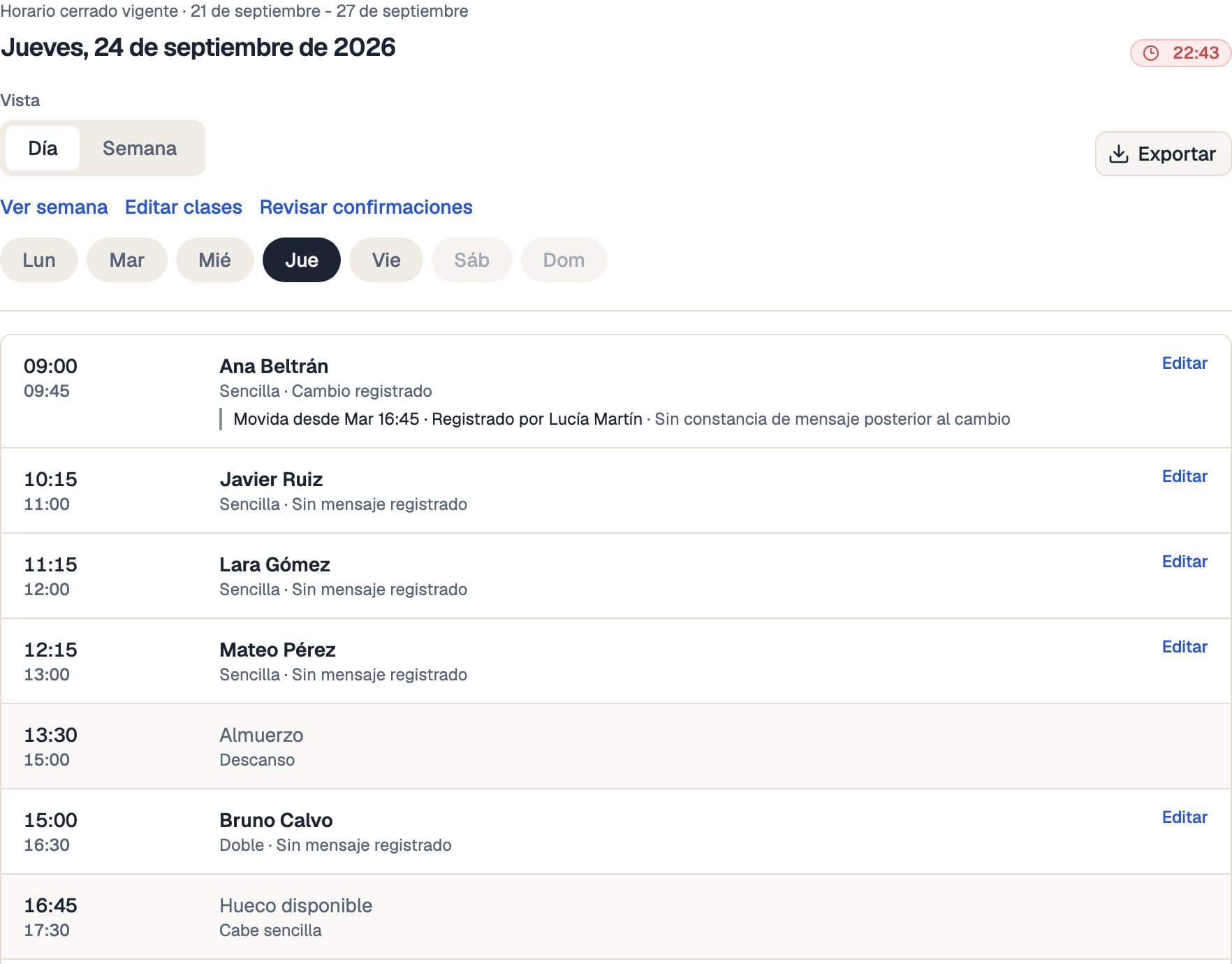 Agenda diaria vigente con clases ordenadas por hora y una clase movida después del cierre identificada junto a su nuevo horario