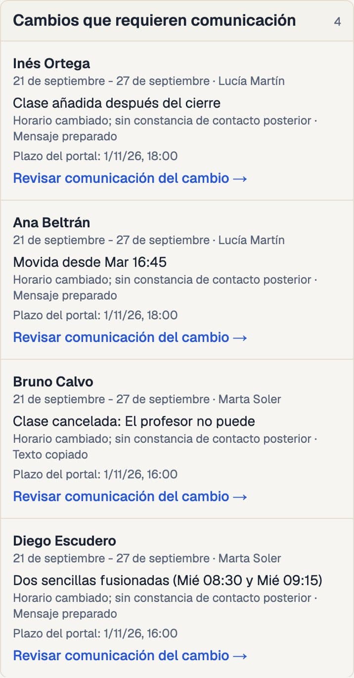 Cola de coordinación en móvil: un cambio posterior al cierre espera revisión y no consta contacto posterior