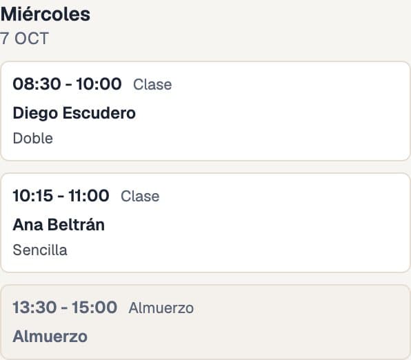 Un día del borrador con dos clases prácticas y un descanso ordenados por hora