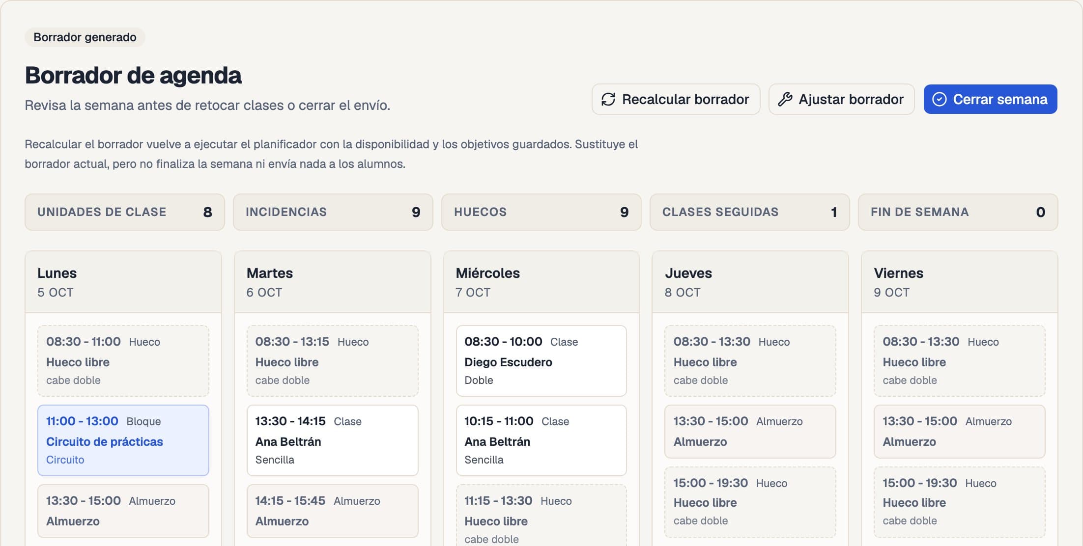 Borrador de una semana de prácticas con horarios por día y controles para recalcular, ajustar o cerrar